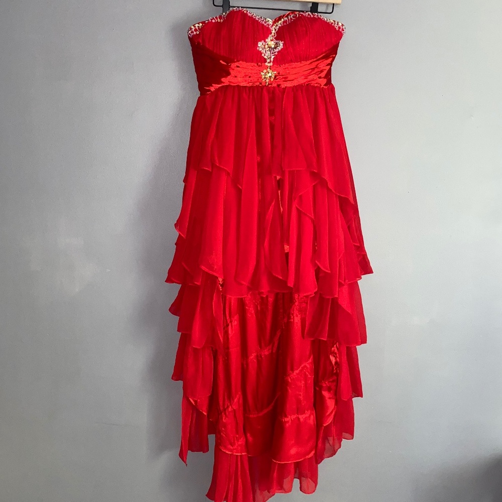 Size 12 EVER PRETTY Red High Low Strapless Ruffle Prom Dressy *Flaws*